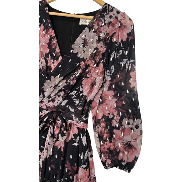 Eliza J Dress Womens 6 Black Pink Floral Maxi Wrap Chiffon Metallic Wimsigoth - Picture 8 of 16